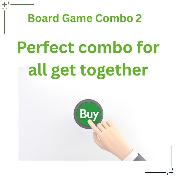 Hand pressing a 'Buy' button with text promoting a board game combo for get-togethers.