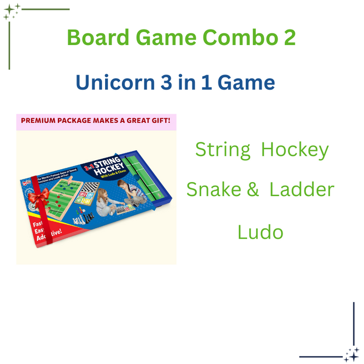 Board game combo with String Hockey, Snake & Ladder, and Ludo on a white background