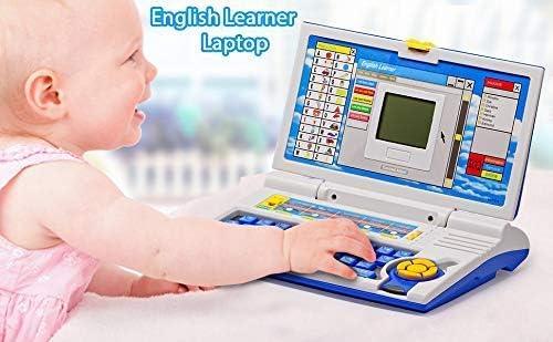 Child playing with a toy laptop labeled 'English Learner Laptop' on a light background