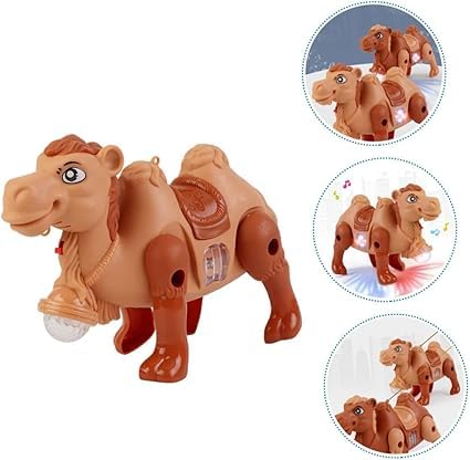 Toy camel with additional images showing its features on a white background