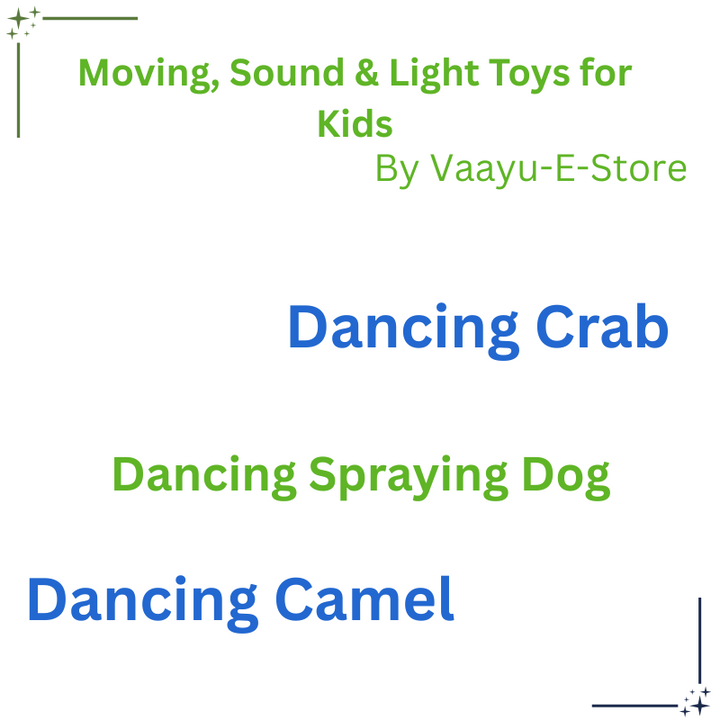 List of moving, sound, and light toys for kids by Vaayu-E-Store on a white background.