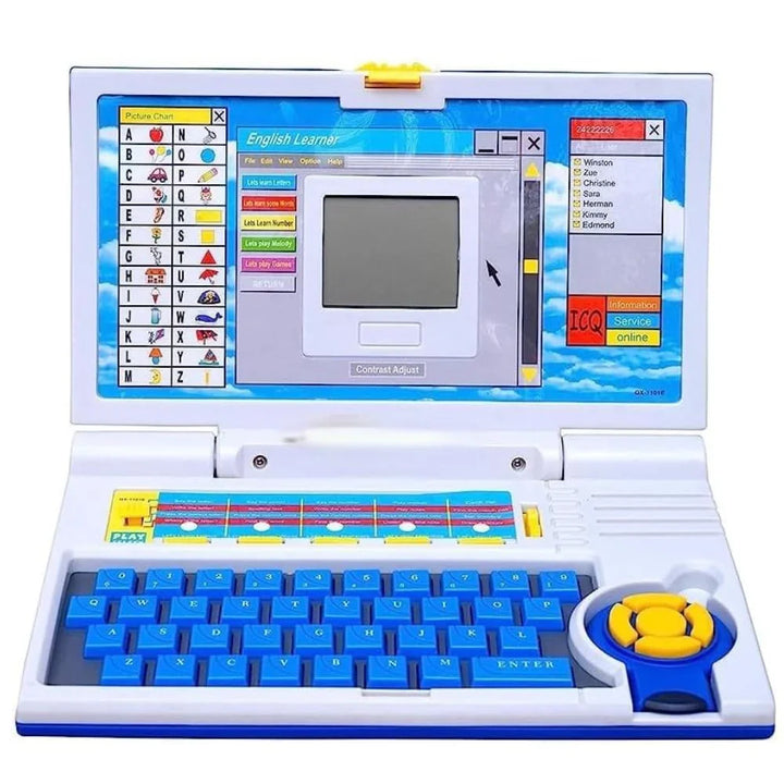 Toy laptop with educational software on a white background