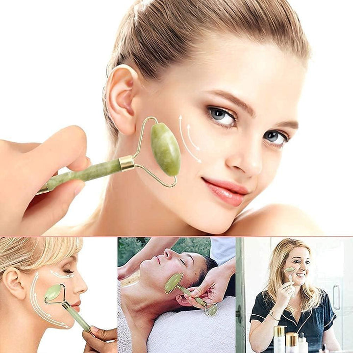 Double-ended jade stone face roller with gold hardware