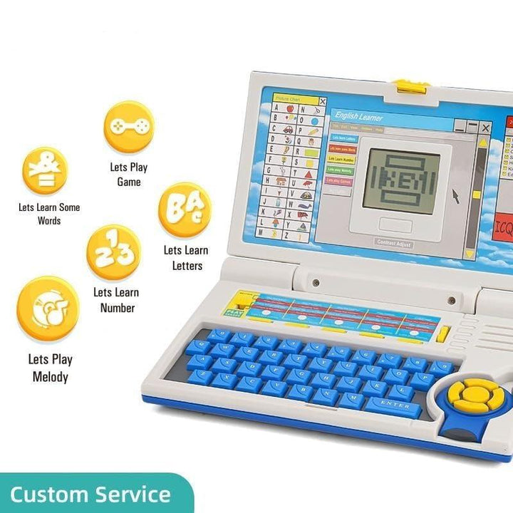 Children's educational laptop with colorful buttons and screen on a white background