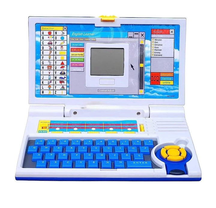 Toy laptop with colorful screen and keyboard on a white background