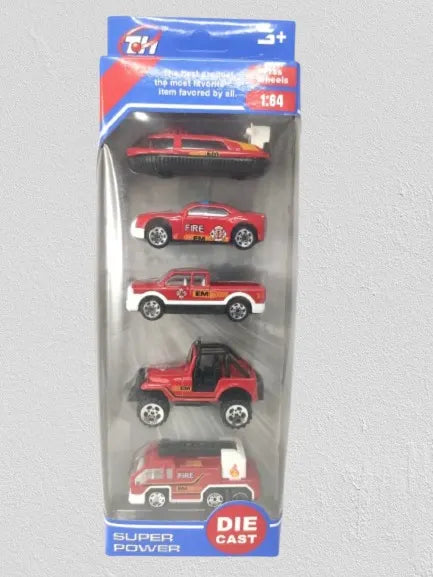 Set of 5 Fire Rescue Cars in Red – Free-Wheel Die-Cast Toys