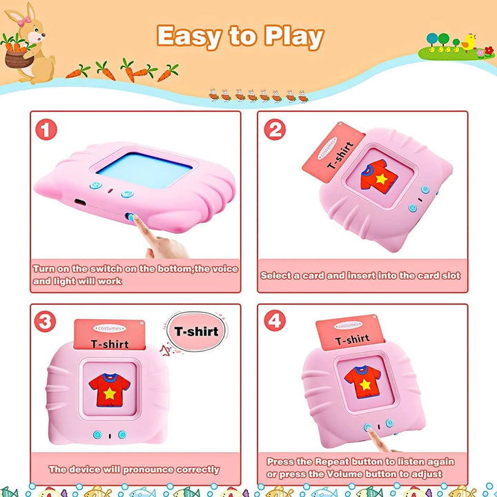 Pink flash card reader with 112 double-sided learning cards