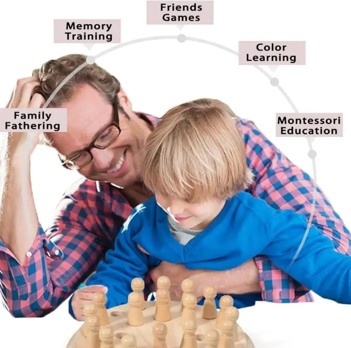 Man and child playing with wooden pegs, surrounded by text labels on a white background