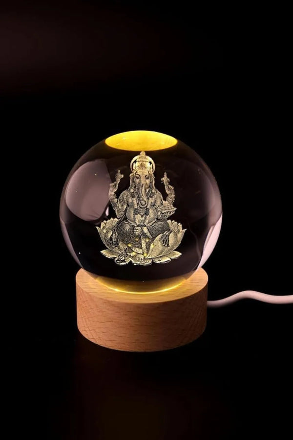 Vaayu‑E‑Store Ganesha crystal ball night lamp on wooden LED base