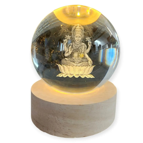 Vaayu‑E‑Store Maha Laxmi crystal ball night lamp with wooden base

Laser-engraved 3D Goddess Laxmi design inside crystal sphere

USB-powered wooden LED base with touch control for Laxmi lamp