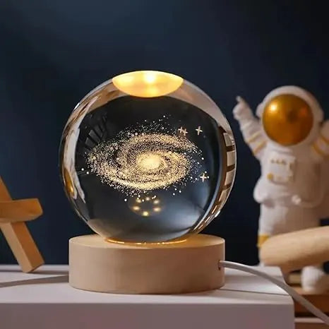Vaayu‑E‑Store 3D Galaxy Moon Crystal Ball Lamp – USB LED on Wooden Base, Creative Laser‑Engraved Décor & Gift