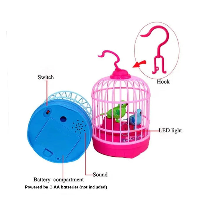 Close-up of chirping bird toy inside decorative cage

