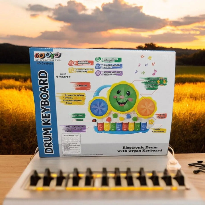 Colorful drum and keyboard toy promoting music and coordination

