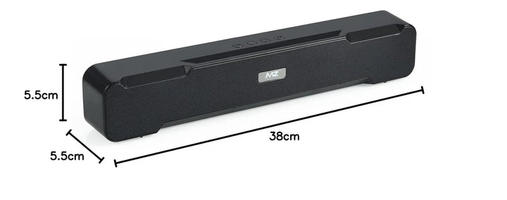 Black Acer soundbar with dimensions labeled on a white background