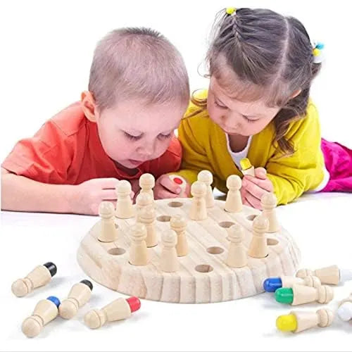 Two children playing with a wooden peg game on a white background
