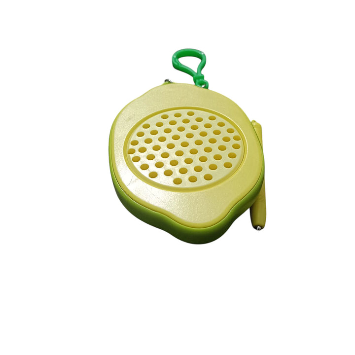 Green and beige pet toy with a hanging hook on a white background
