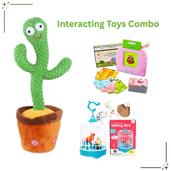 Interactive toys including a cactus-shaped toy, bird in a cage, and educational cards on a white background.