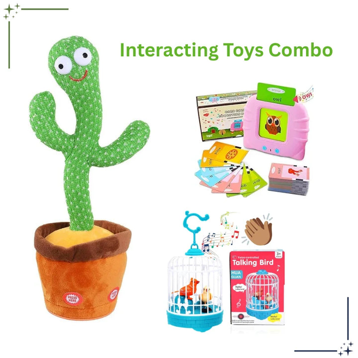 Interactive toys including a cactus-shaped toy, bird in a cage, and educational cards on a white background.