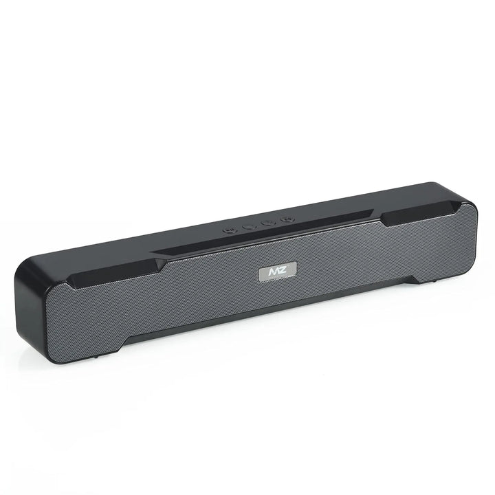 Black sound bar with a brand logo on a white background