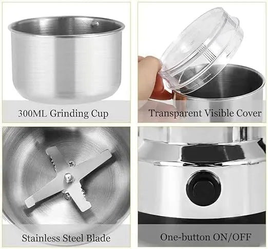 Stainless steel grinder with components labeled: grinding cup, transparent cover, blade, and on/off switch.