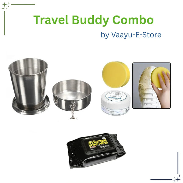 Travel Buddy Combo – Foldable Steel Cup, Shoe Cleaner & Wipes by Vaayu-E-Store