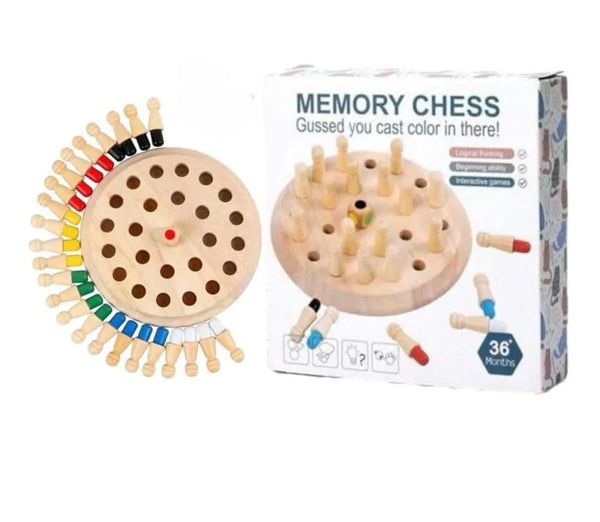 Top view of Wooden Memory Chess board with colorful pegs