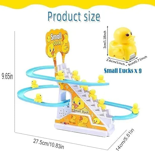 "Battery-operated duck climbing track with light-up action"

"Children playing with musical duck toy on race track"

"Interactive toy for babies and toddlers – duck slide fun"