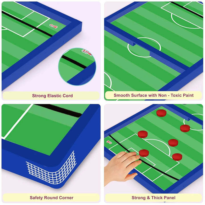 Collage of a small table soccer game with features highlighted.