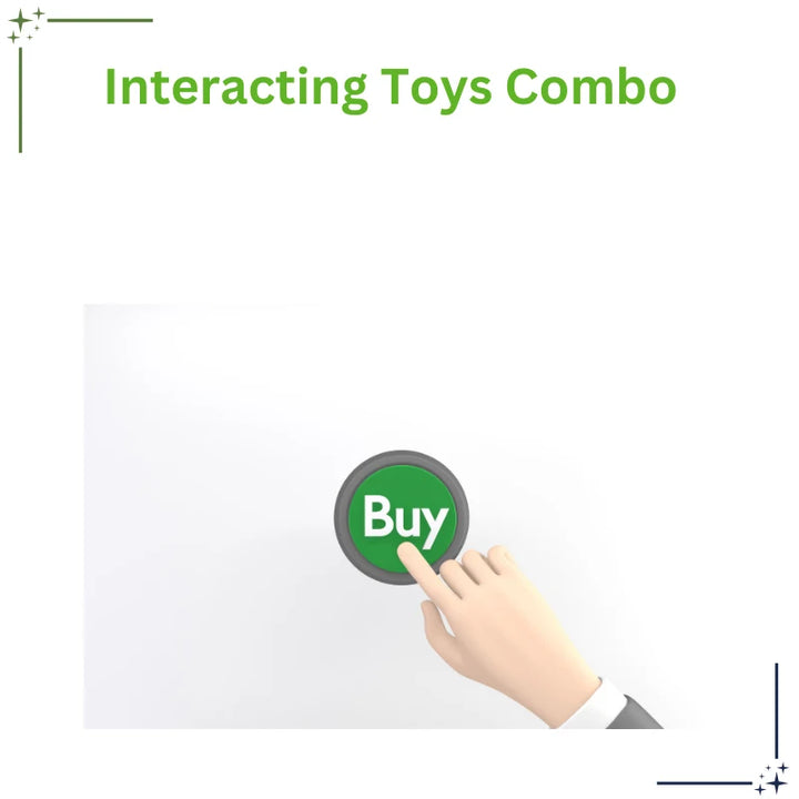 Hand pressing a 'Buy' button labeled 'Interacting Toys Combo' on a white background