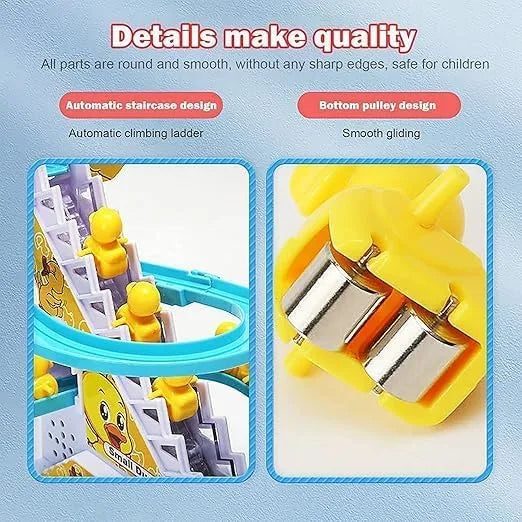 Assembled view of duck race toy with included ducklings"

"Top angle of roller coaster track with LED lighting"

"Cute cartoon duck characters climbing on toy track"