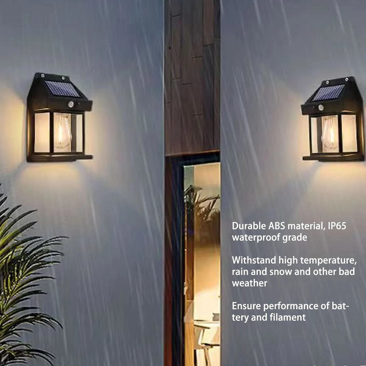 Solar-powered outdoor wall light fixture on a rainy day with text highlighting durability and weather resistance.