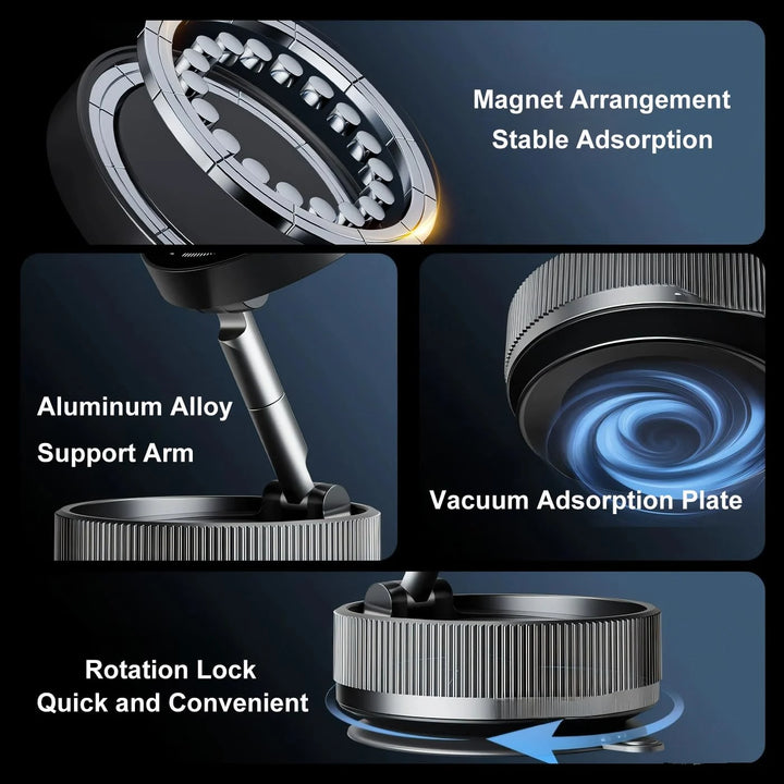 Stylized product image with text highlighting features like magnet arrangement, aluminum alloy support arm, and vacuum adsorption plate.