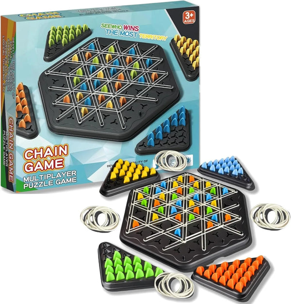 Vaayu-E-Store Chain Reaction Strategy Game – Triangle Puzzle Board Game with Rubber Bands for Kids & Family (2–4 Players, Ages 3+)