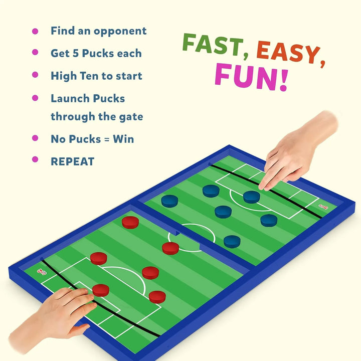 Board game with players launching pucks, rules displayed on the left, and 'Fast, Easy, Fun!' text on the right.