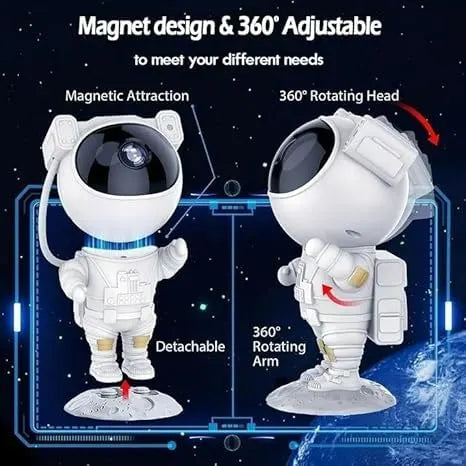 Astronaut figurine with magnetic design and 360-degree adjustable features on a space-themed background.