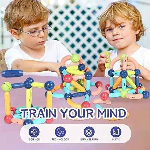Two children playing with colorful magnetic building toys on a table, with text 'Train Your Mind' and icons below.