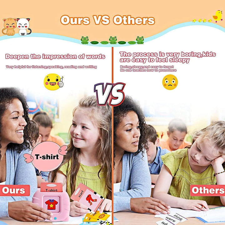 Toddler using talking flash card reader to learn words and sounds