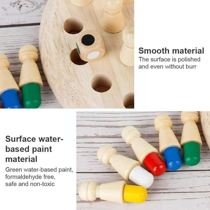 Wooden pegs with colored tops on a wooden surface, highlighting smooth material and water-based paint.