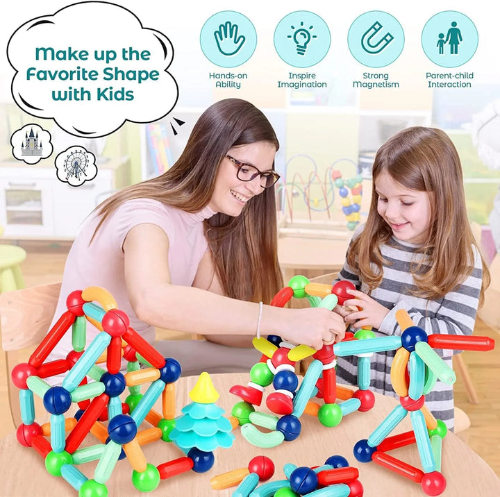 Woman and child playing with colorful building toys, promoting hands-on ability, imagination, magnetism, and parent-child interaction. Vaayu-E-Store, vaayu, Vayu Magnatic Toys ,Games