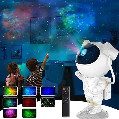 Astronaut toy projecting star patterns on a wall with two children watching.