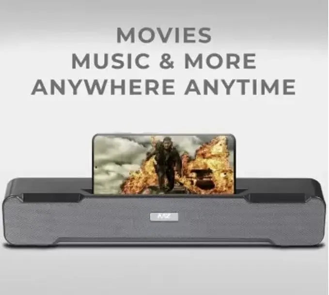 Portable device displaying a movie scene with text 'Movies Music & More Anywhere Anytime' on a gray background.