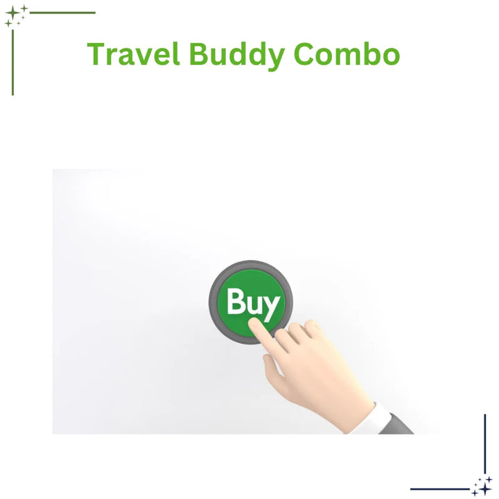 Hand pressing a 'Buy' button labeled 'Travel Buddy Combo' on a white background  Vaayu-E-Store, vaayu, Vayu