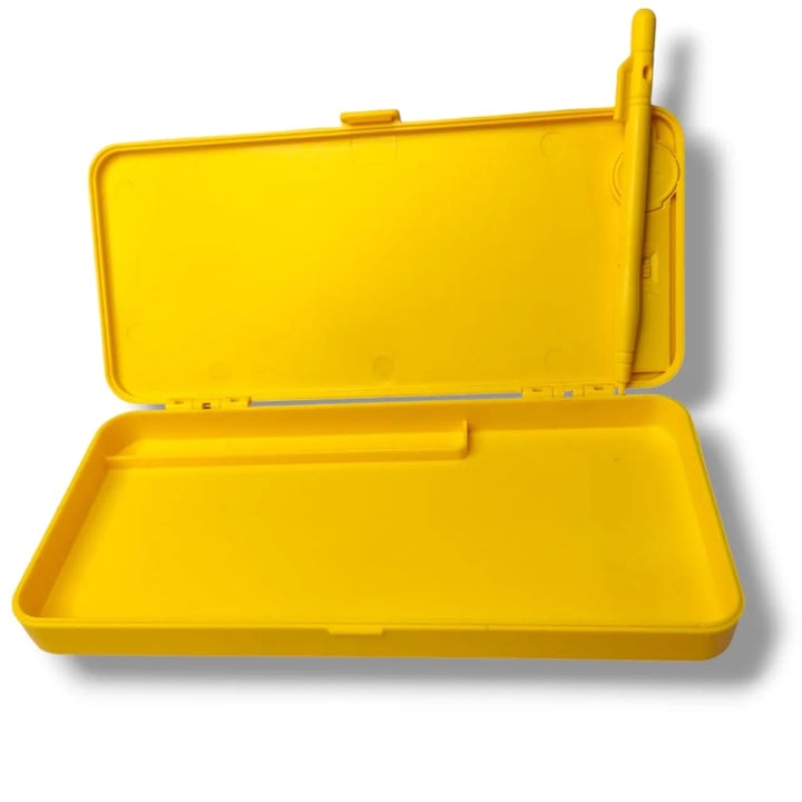 Yellow plastic case with open lid on a white background