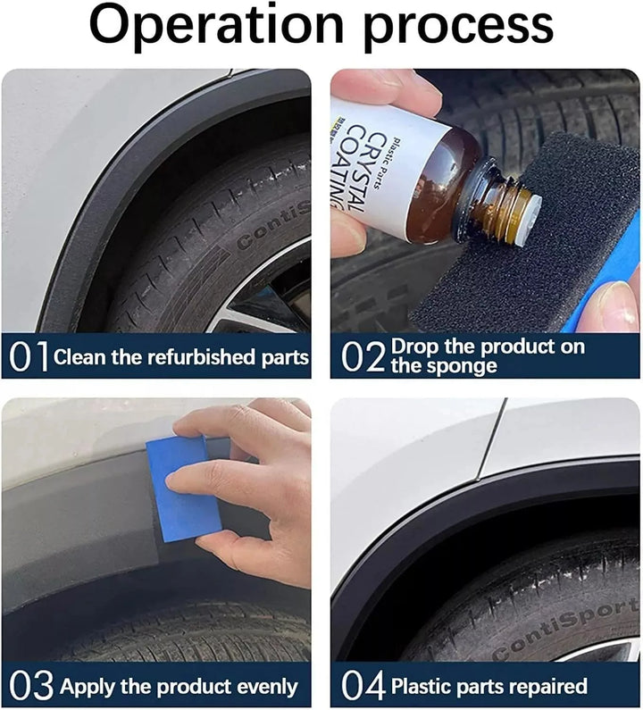 Step-by-step process of repairing car parts using a product and sponge.