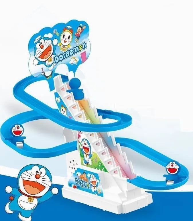 Toy track set with Doraemon characters on a white background