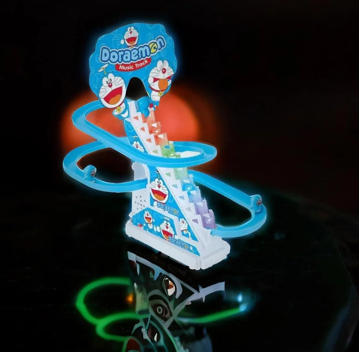 Doraemon toy track set on a reflective surface with a dark background