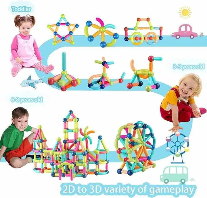Colorful magnetic building toys with children playing and text indicating age suitability.